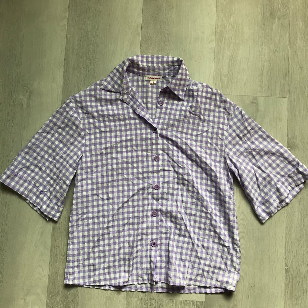 URBAN THREADS CAMP SHIRT SHORT SLEEVES PURPLE GINGHAM CHECK WOMENS 8